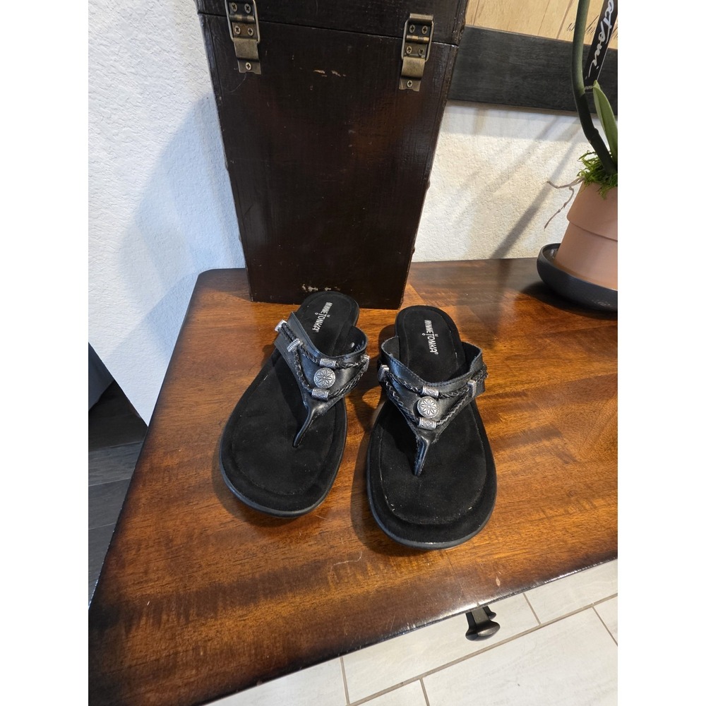 MINNITONKA Women's Sandles Size 8 Open Toe Black Slip‎ On Leather Y2k Genz Genx